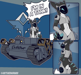 anthro armored_vehicle blue_eyes butt exclamation_point femboy fingers fur machine male nude ranged_weapon rocket_launcher smile solo tank_(vehicle) text tracked_vehicle vehicle weapon the_man foxhole:_persistant_online_warfare mammal protogen 2025 absurd_res digital_media_(artwork) english_text hi_res
