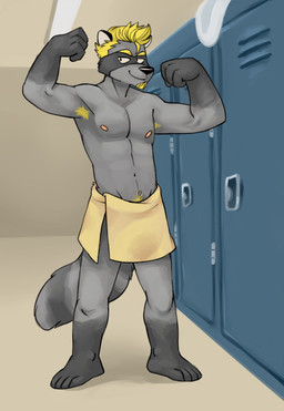 anthro armpit_hair barefoot beard biceps biped black_nose blonde_hair body_hair clothed clothing facial_hair feet fist flexing hair locker locker_room male muscular muscular_anthro muscular_male navel nipples presenting pubes raised_arm raised_fist raised_hand solo tail topless towel towel_only vasuki mammal procyonid raccoon