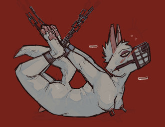 anthro bdsm bondage bound chain genitals gynomorph intersex muzzle_(object) muzzled nude penis restraints simple_background solo openfracturesday canid canine mammal digital_media_(artwork) hi_res