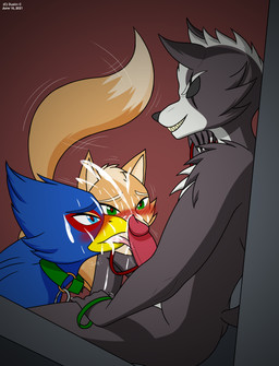 animal_genitalia animal_penis anthro anthro_on_anthro anthrofied bdsm blue_body blue_eyes blue_fur blue_hair blue_skin blush bodily_fluids canine_genitalia canine_penis collar cum cum_drip cum_in_mouth cum_inside cum_on_face cum_on_penis cumshot drinking drinking_cum dripping duo ejaculation eye_patch eyewear fur genital_fluids genitals green_eyes grey_body grey_fur grey_hair group group_sex hair leaking leaking_cum leaking_penis leash leashed_collar licking male male/male oral orange_body orange_fur orange_hair orange_skin penile penis penis_lick penis_on_face penis_poking_out petplay roleplay sex sex_slave slave swallowing threesome tongue tongue_out trio dustin_c bandai_namco nintendo star_fox falco_lombardi fox_mccloud wolf_o'donnell avian bird canid canine canis falcon falconid fox mammal wolf hi_res