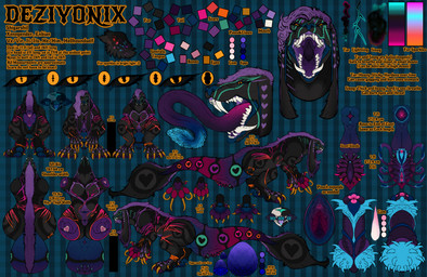 animal_genitalia anus big_butt big_penis bodily_fluids butt claws cum cum_drip dripping feet finger_claws genital_fluids genital_slit genitals hindpaw huge_hips huge_penis intersex logo long_claws markings mouth_closed mouth_shot open_mouth pawpads paws penis raised_tail size_difference smile solo spread_vulva spreading striped_markings striped_tail stripes tail tail_anus tail_markings tail_tuft text thick_thighs toe_claws tongue tongue_out tuft vulva wide_hips yonnixart deziyonix shigarshil absurd_res artist_logo english_text hi_res model_sheet nonbinary_(lore)