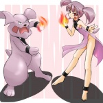 1:1 alternate_species canid canine clothing cosplay costume duo elemental_manipulation female fire fire_manipulation generation_2_pokemon granbull hair human humanized low_res magic mammal nintendo pokemon pokemon_(species) pokemon_costume purple_hair ranphafranboise red_hair