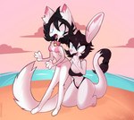 anthro beach black_hair blue_eyes bulge clothing duo female fur gynomorph hair intersex public surprised_expression swimwear wedgie white_body white_fur cherrysmudgee hope_(tinycatskye) skye_(tinycatskye) felid feline mammal ottaroo hi_res