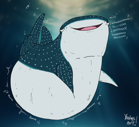 ambiguous_gender belly big_belly blue_body bubble female feral huge_belly looking_at_viewer narrowed_eyes onomatopoeia overweight overweight_ambiguous overweight_feral rumbling_stomach solo sound_effects spots text toony underwater water white_belly white_body white_spots yauhasart disney finding_dory finding_nemo pixar destiny_(finding_dory) aquatic carpet_shark fish shark whale_shark 2025 english_text hi_res watermark