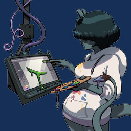 black_hair bodily_fluids breasts brush cable clothed clothing female fingers hair holding_object hoodie horn paint paintbrush paintbrush_tail painting_(action) pallet solo stained_clothing sweat tail topwear discount-supervillain demon demon_humanoid horned_humanoid humanoid mammal tailed_humanoid 1:1 alpha_channel digital_media_(artwork)