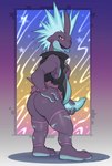 absurd_res anthro big_butt blue_body bottomwear butt clothed clothing dreiker fishnet_clothing fishnet_legwear generation_8_pokemon genitals hair hand_on_hip hand_on_own_hip hand_on_penis hi_res legwear low_key_toxtricity luke_(luuklookyt) lying male mostly_nude multicolored_body nintendo partially_clothed penis pokemon pokemon_(species) pose pseudo_hair purple_body solo standing striped_legs stripes tongue tongue_out topwear toxtricity vest