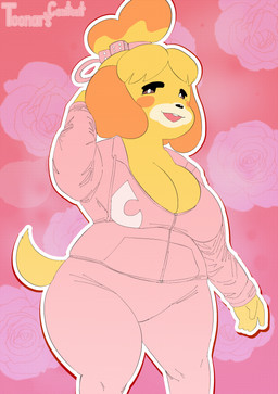 accessory anthro big_breasts biped breasts clothed clothed_anthro clothed_female clothing dice female female_anthro flower hair hair_accessory hoodie looking_at_viewer outline petals pink_clothing plant rose_(flower) rose_petals smile solo standing text thick_thighs three-quarter_view topwear toonarscontent animal_crossing nintendo isabelle_(animal_crossing) canid canine canis domestic_dog mammal absurd_res artist_name digital_drawing_(artwork) digital_media_(artwork) english_text hi_res screentone