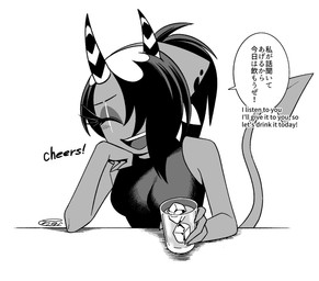 container cup facial_scar female hair hair_over_eye horn not_furry scar simple_background solo spade_tail speech_bubble tail talking_to_viewer text white_background enaic31 hellaverse helluva_boss sallie_may_(helluva_boss) demon demon_humanoid humanoid imp english_text hi_res japanese_text monochrome trans_(lore) trans_woman_(lore)