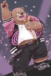 anthro black_nose bottomwear brown_body clothing cute_fangs electronics fangs humanoid_hands kemono male microphone one_eye_closed overweight overweight_male pants shirt solo teeth topwear en_1_9 crave_saga gabu_(crave_saga) bear mammal 2023 absurd_res hi_res