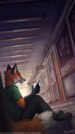 5_fingers against_surface against_wall anthro black_bottomwear black_claws black_clothing black_pants bottomwear claws clothed clothing detailed_background electronics eyebrows eyelashes feet fingers fur gloves_(marking) green_clothing green_shirt green_t-shirt green_topwear hallway holding_object holding_phone inside locker looking_at_object looking_at_phone male markings orange_body orange_eyes orange_fur pants phone school shirt sitting solo t-shirt toes topwear whiskers white_body white_fur thanshuhai canid canine fox mammal red_fox true_fox 2022 digital_media_(artwork) digital_painting_(artwork) hi_res painting_(artwork)