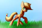 cutie_mark day eyelashes female feral grass green_eyes outside plant solo standing queenbloodysky friendship_is_magic hasbro my_little_pony applejack_(mlp) equid mammal hi_res