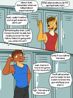 anthro black_bottomwear black_clothing black_nose black_shorts blue_clothing blue_shirt blue_tank_top blue_topwear bottomwear brown_body brown_eyes brown_fur brown_hair clothed clothing countershading detailed_background dialogue duo fangs fully_clothed fur green_eyes hair hand_behind_own_head hand_in_pocket horn locker locker_room male male_anthro mullet narrowed_eyes open_mouth orange_body orange_fur pockets red_clothing red_shirt red_tank_top red_topwear shirt shorts snout speech_bubble tank_top teeth text topwear fuze texnatsu mond_reyes ty_conrad bovid bovine canid canine canis cattle coyote mammal 3:4 comic english_text hi_res multiple_scenes