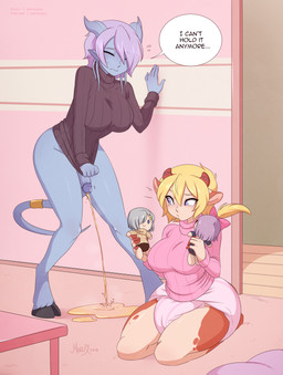 accident blonde_hair blue_body blue_fur bodily_fluids bottomless clothed clothing cow_ears desperation diaper doll duo embarrassed female fur genital_fluids genitals gynomorph hair hooves intersex looking_at_another looking_at_genitalia looking_at_penis omorashi peeing penis pink_diaper sweater tail text throbbing throbbing_penis topwear urine urine_on_ground urine_pool urine_stream wearing_diaper merunyaa blizzard_entertainment playroom warcraft bovid bovine cattle draenei humanoid mammal english_text hi_res
