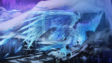 ambiguous_gender beak bridge feet feral fighting_pose gem ice icicle iridescent iridescent_body mountain pose purple_gem snow solo spread_wings takumifarms talons toes white_eyes wings league_of_legends mythology riot_games tencent anivia_(lol) cryopheonix pheonix avian mythological_avian mythological_creature 16:9 hi_res widescreen