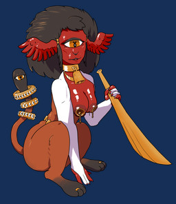 1_eye armwear bell bell_collar black_hair brass_instrument breasts clothed clothing collar cowbell elbow_gloves eye_on_tail female gaping gaping_nipples gloves hair handwear jewelry mane musical_instrument necklace nipple_plugs plug_(sex_toy) pupils red_body red_skin sex_toy sitting skimpy smile solo split_form three-quarter_view trumpet unusual_pupils wind_instrument wings_on_head samdellsmith mythology angel biblically_accurate_angel felid humanoid lion mammal mythological_creature mythological_sphinx pantherine 2025 hi_res