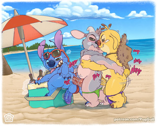 2_horns 3_toes 4_fingers anal anal_penetration antennae_(anatomy) anthro anthro_on_anthro anthro_penetrated anthro_penetrating anthro_penetrating_anthro anus balls beach belly bent_over beverage_bottle blue_balls blue_body blue_claws blue_fur blue_markings blue_nose blue_penis blush blush_lines bodily_fluids border bottle brown_claws butt claws clothed clothing cloud container cooler curvy_figure detailed_background erection eyewear eyewear_on_head feet finger_claws fingers foreskin french_kissing from_behind_position fur genital_fluids genitals glans glistening glistening_balls glistening_body glistening_butt glistening_eyes glistening_genitalia glistening_penis glistening_thighs green_clothing green_eyes green_sclera green_speedo green_swimwear grey_body grey_claws grey_fur grey_hair group group_sex hair half-closed_eyes hand_on_butt hand_on_chest hat head_tuft headgear headwear holding_another horn humanoid_genitalia humanoid_penis ice jekyll_(oseji) kissing logo looking_back male male/male male_penetrated male_penetrating male_penetrating_male markings motion_lines multi_arm multi_limb multicolored_body multicolored_fur narrowed_eyes neck_tuft notched_ear nude onomatopoeia open_mouth open_smile outside palm_tree parasol partially_retracted_foreskin penetration penile penis pink_body pink_markings plant purple_clothing purple_glans purple_speedo purple_swimwear red_clothing red_nose red_penis red_speedo red_swimwear sand sea seaside sex sharp_teeth short_tail sky slightly_chubby slightly_chubby_anthro slightly_chubby_male smile smirk soda_bottle sound_effects speedo speedo_down speedo_only standing standing_sex straw_hat sunglasses sunglasses_on_head swimwear tail teeth text thick_thighs threesome toes tongue tongue_out topless train_position tree trio tuft vein water wearing_sunglasses white_border wide_hips yellow_body yellow_fur yellow_markings yellow_penis puggy disney lilo_and_stitch fan_character reuben_(lilo_and_stitch) stitch_(lilo_and_stitch) alien experiment_(lilo_and_stitch) mammal artist_logo artist_name colored detailed digital_drawing_(artwork) digital_media_(artwork) english_text hi_res shaded signature url