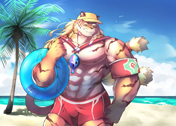 abs anthro armband biceps biped bottomwear bulge clothed clothing fur green_eyes hair hat headgear headwear holding_object holding_swim_ring inflatable lifeguard long_hair male multicolored_body multicolored_bottomwear multicolored_clothing multicolored_fur multicolored_swimming_trunks multicolored_swimwear muscular muscular_anthro muscular_male orange_body orange_fur pecs pool_float red_bottomwear red_clothing red_swimming_trunks red_swimwear sea skimpy sky solo striped_body striped_fur stripes swimming_trunks swimwear tight_bottomwear tight_clothing tight_swimming_trunks tight_swimsuit topless two_tone_body two_tone_bottomwear two_tone_clothing two_tone_fur two_tone_swimming_trunks two_tone_swimwear water white_body white_bottomwear white_clothing white_fur white_swimming_trunks white_swimwear yed sdorica pang_(sdorica) felid mammal pantherine tiger 2020 absurd_res hi_res