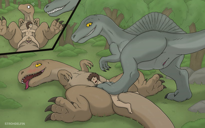 animal_genitalia assisted_sex bestiality brown_body claws cloaca cloacal female female_feral feral feral_penetrated forest genitals grey_body grin group human_on_feral humanoid_genitalia humanoid_penis interspecies larger_female larger_feral larger_penetrated looking_down looking_pleasured male male/female male_human male_on_feral open_mouth penetration penis plant raised_tail sharp_teeth size_difference smaller_human smaller_male smile stomping tail tailbutt teeth thick_tail tongue tongue_out tree yellow_eyes strohdelfin jurassic_park universal_studios rexy_(jurassic_park) dinosaur human mammal prehistoric_species reptile saurischian scalie spinosaurid spinosaurus theropod tyrannosaurid tyrannosauroid tyrannosaurus tyrannosaurus_rex hi_res