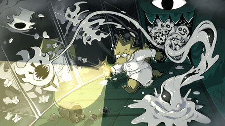anthro clothing coat detailed_background diegetic_watermark female group horror_(theme) lab_coat mirror mirror_reflection reflection running topwear trash_can worried kobold_factory undertale undertale_(series) alphys memoryhead reaper_bird amalgamate goo_creature monster 16:9 hi_res widescreen