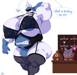 anthro belly_mouth big_muscles big_nipples big_pecs blue_nipples bra bulge button_(fastener) button_eyes clothing coin duo fur huge_muscles huge_nipples huge_pecs hyper hyper_muscles hyper_pecs jockstrap lingerie male multi_mouth muscular muscular_humanoid muscular_male nipple_piercing nipples pecs piercing simple_background text thong underwear white_background white_body wide_hips bobthetanuki deltarune undertale_(series) king_spade seam_(deltarune) darkner domestic_cat felid feline felis humanoid mammal monster english_text