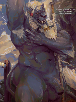 anthro armpit_fetish armpit_hair balls blue_body blue_fur body_hair butt claws ear_piercing ear_ring flaccid foreskin fur genitals hair horn looking_at_viewer male muscular muscular_male musk navel nude penis piercing presenting_armpit raised_arm ring_piercing solo tail teeth text tongue weapon white_hair artjackal final_fantasy final_fantasy_x square_enix kimahri felid feline mammal ronso absurd_res english_text hi_res