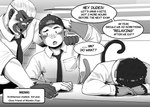 anthro clothed clothing eyebrows fingers group male necktie open_mouth open_smile shirt smile tail text topwear trio desfrog mark_(desfrog) menki_(desfrog) monkin_(desfrog) haplorhine mammal monkey primate english_text monochrome