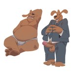 anthro balls brown_body brown_fur clothed clothing erection fur genitals hand_behind_head humanoid_genitalia humanoid_penis male nipples overweight overweight_anthro overweight_male penis penis_poking_out penis_through_fly simple_background sitting solo standing suit underwear underwear_only white_background rumash sam_and_max samuel_dog canid canine canis domestic_dog mammal hi_res