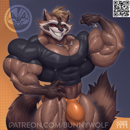 abs anthro biceps big_muscles black_clothing black_shirt black_topwear chest_tuft clothing cyberware flexing grin huge_muscles logo male muscular muscular_male nipple_outline pecs qr_code red_eyes shirt smile solo text thong topwear tuft underwear vein veiny_muscles wolfiecanem guardians_of_the_galaxy marvel patreon rocket_raccoon mammal procyonid raccoon 1:1 2025 dated hi_res signature url