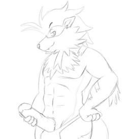 abs anthro clothing fur genitals hand_on_hip humanoid_genitalia humanoid_penis looking_at_viewer male muscular muscular_anthro muscular_male penis piercing simple_background smile solo speedo standing swimwear white_background fakemon nintendo pokemon arcanine canid canine generation_1_pokemon mammal pokemon_(species) digital_media_(artwork) low_res monochrome source_request unavailable_at_source