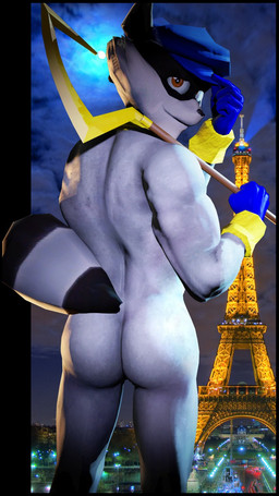 anthro athletic athletic_anthro athletic_male back_muscles biceps black_nose butt butt_pose cane casual_exposure cheek_tuft clothed clothing domino_mask eiffel_tower eyemask eyewear facial_tuft fur gloves grey_body grey_fur handwear hat headgear headwear ineffective_clothing looking_at_viewer looking_back male markings mask moon mostly_nude outside paris pose public public_exposure raised_tail rear_view ring_(marking) ringed_tail smile solo standing striped_markings striped_tail stripes tail tail_markings tuft omniscienthd real_world sly_cooper_(series) sony_corporation sony_interactive_entertainment sucker_punch_productions sly_cooper mammal procyonid raccoon 3d_(artwork) 9:16 digital_media_(artwork) hi_res portrait three-quarter_portrait