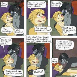 6_panel_comic anthro bed black_hair blonde_hair blue_eyes brown_eyes clothed clothing cuddling dialogue duo eye_contact fur furniture grey_body grey_fur hair hand_on_shoulder hug logo looking_at_another male male/male male_on_bottom male_on_top nervous on_bed on_bottom on_top page_number profanity speech_bubble text topless yellow_body yellow_fur kriek_wildebeest jeremy_(kriek_wildebeest) tom_(kriek_wildebeest) border_collie canid canine canis collie domestic_dog herding_dog husky hybrid mammal nordic_sled_dog pastoral_dog sheepdog spitz wolf 1:1 artist_logo comic english_text hi_res multiple_scenes