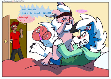 angry anthro blue_body bodily_fluids bottomless bottomless_anthro bottomless_male bulge caught_in_the_act cervix clothed clothed_human clothed_male clothing color_coded color_coded_speech_bubble color_coded_text cowgirl_position cum cum_in_uterus cum_in_vagina cum_inside dialogue erection erection_under_clothing fallopian_tubes female female_feral female_penetrated feral feral_on_feral feral_penetrated feral_penetrating feral_penetrating_feral from_front_position fully_clothed fully_clothed_human fully_clothed_male genital_fluids group hoodie hoodie_only impregnation internal internal_vaginal larger_feral larger_male male male/female male_anthro male_feral male_human male_penetrating male_penetrating_female on_bottom on_top ovaries ovum penetration pointy_speech_bubble sex size_difference smaller_female smaller_feral smaller_penetrated speech_bubble sperm_cell text topwear topwear_only trio uterus vaginal vaginal_canal vaginal_penetration screamoshaymin nintendo pokemon blake_rothenberg eeveelution flareon generation_1_pokemon generation_7_pokemon human lycanroc mammal midnight_lycanroc pokemon_(species) shiny_pokemon english_text hi_res signature