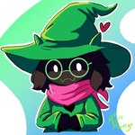 anthro black_body black_fur clothing eyewear fur glasses green_clothing hat headgear headwear heart_symbol male pink_scarf scarf solo wizard_hat micromango deltarune undertale_(series) ralsei bovid caprine darkner goat mammal 1:1 low_res signature