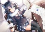 absolute_territory beverage blue_eyes book bottomwear breasts chair clothing coffee container cup female furniture grey_hair hair heterochromia holding_book holding_container holding_cup holding_object jacket legwear necktie pencil_(object) sitting skirt solo thigh_highs topwear white_hair writing_utensil yellow_eyes akasiosio kemono_friends grey_wolf_(kemono_friends) animal_humanoid canid canid_humanoid canine canine_humanoid humanoid mammal mammal_humanoid wolf_humanoid 2017