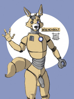3_fingers amputee balls black_nose blue_background blue_eyes disability exposed_endoskeleton fangs fingers genitals gesture glistening grey_penis humanoid_genitalia humanoid_penis machine male metal metal_penis penis pushbutton screw simple_background smile solo teeth tools waving wire wrench yellow_body yellow_skin plaguedoctorprincess five_nights_at_freddy's scottgames fan_character wrenchbolt animatronic canid canine mammal robot robot_anthro 2020 hi_res