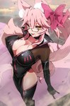 big_breasts bodysuit bow_ribbon breasts clothing cloud eyewear female fluffy fluffy_ears fluffy_tail glasses hair huge_breasts long_hair looking_at_viewer open_mouth pink_hair skinsuit sky solo tail tight_clothing yellow_eyes zipper toyosu fate_(series) type-moon koyanskaya_(fate) animal_humanoid canid canid_humanoid canine canine_humanoid fox fox_humanoid humanoid mammal mammal_humanoid hi_res