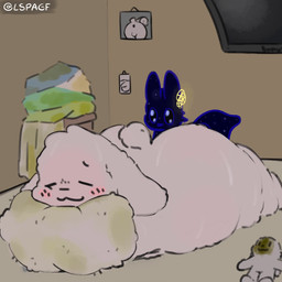 ambiguous_gender anthro bed bedroom big_butt blush bodily_fluids butt clothing dirty dirty_clothing duo electronics fart fart_cloud fart_fetish farting_in_face furniture hug hugging_object hugging_pillow lying male musk overweight overweight_anthro overweight_male pillow plushie size_difference sweat television lspagf rain_world videocult big_fat_stinky_unwashed_sweaty_bunny_(lspagf) watcher_(rain_world) lagomorph leporid mammal rabbit slugcat 1:1 absurd_res animated hi_res short_playtime sound video