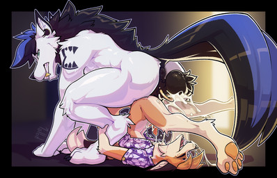 aloha_shirt anal anal_penetration animal_genitalia anthro anus ass_up ball_tuft balls big_balls black_anus black_hair black_tail bodily_fluids bottomless claws clothed clothing cum cum_in_ass cum_inside cum_on_self cum_while_penetrated digitigrade dominant duo fangs fur furgonomic_piercing furgonomics genital_fluids genital_piercing genitals gold_(metal) gold_tooth hair larger_dom legs_back male male/male nude_male pattern_clothing pattern_shirt pattern_topwear pawpads penetration penile penile_penetration penis_in_ass piercing reverse_piledriver_position sex sheath sheath_piercing shirt shirt_only size_difference smaller_penetrated tail teeth topwear topwear_only tuft white_body white_fur ralek roone_(rvnatics) turquoise_(ralek) canid canine canis fox mammal wolf 2026 hi_res
