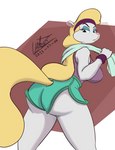 anthro big_breasts blonde_hair breasts butt butt_pose exercise_clothing female fluffy fluffy_tail fur hair looking_back pose solo tail white_body white_fur walas21 animaniacs warner_brothers minerva_mink mammal mink mustelid musteline true_musteline absurd_res hi_res