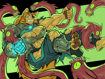 1_eye 5_fingers 5_toes abs action_pose anthro anthro_focus armor backlighting barefoot blonde_hair blue_eyes breasts claws cleavage clenched_teeth clothed clothing destroyed_clothing eyebrows feet female female_anthro female_focus fight finger_claws fingerless_gloves fingers footwear fur gloves glowing glowing_armor hair handwear humanoid_feet light muscular muscular_anthro muscular_female pawpads plantigrade plantigrade_pawpads pose sharp_teeth soles solo_focus struggling tail tan_body tan_fur teeth toe_claws toeless_footwear toes torn_armor torn_clothing ceehaz dog_knight_rpg jeane_(ceehaz) bird_dog canid canine canis domestic_dog golden_retriever hunting_dog mammal monster retriever worm 2025 4:3 absurd_res hi_res lighting