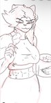 abs anthro bottomwear breasts bucket chicken_meat claws clothed clothing container eating_chicken_meat eating_chicken_wings female food fur hair halter_top holding_food holding_object looking_at_viewer meat midriff simple_background smile solo spots tail granitmuli a_man_in_a_beasts_world ashley_volker_(ghilliecamo) felid mammal pantherine snow_leopard monochrome