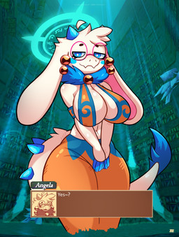 2_horns anthro big_breasts blue_eyes breasts dialogue eyewear female fur glasses halo horn long_ears solo speech_box standing tail text thick_thighs white_body white_fur wide_hips mrelectro21 atlyss angela_flux bovid caprine kubold_(atlyss) mammal absurd_res english_text hi_res