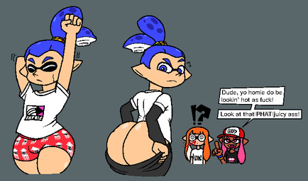 accessory armwear big_butt black_armwear black_bottomwear black_clothing black_short black_shorts blood blue_eyebrows blue_hair bodily_fluids bottomwear brown_body brown_ears brown_skin bulge butt clothing dialogue exclamation_point eyebrows eyes_closed female grey_background group hair hair_accessory hairband hat headgear headwear humanoid_pointy_ears male motion_lines nosebleed not_furry open_mouth open_smile orange_hair pink_eyebrows pink_hair pointy_ears profanity pseudo_hair pulling_up_pants question_mark red_clothing red_hat red_headwear red_mouth red_underwear sharp_teeth shirt shorts simple_background smile speech_bubble stretching tan_body tan_ears tan_skin teeth tentacle_hair tentacles text thick_thighs topwear trio underwear white_clothing white_shirt white_topwear thewastedtunnels nintendo splatoon john_(splatoon) kaori_(splatoon) laura_(splatoon) animal_humanoid aquatic aquatic_humanoid cephalopod cephalopod_humanoid humanoid inkling mollusk mollusk_humanoid 2026 colored digital_media_(artwork) english_text flat_colors multiple_images