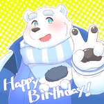 anthro black_nose blue_eyes blush clothing humanoid_hands kemono male overweight overweight_male scarf solo sweater text topwear white_body ayata utau shirane_kan bear mammal polar_bear ursine 1:1 2022 absurd_res hi_res