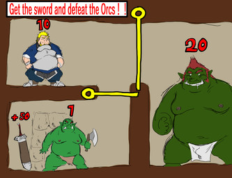 anthro armor axe belly bottomwear clothing gameplay_mechanics green_body group kemono loincloth male melee_weapon moobs navel nipples overweight overweight_male parody puzzle text weapon sankara0290 human humanoid mammal orc 2021 english_text