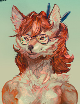 anthro bodily curled_fur ears_up emotional eyewear facial_hair female fluffy fur fuzzy glare glasses hair looking_back looking_pleasured orange_body rear_view red_hair smile solo tuft wearing_glasses alex-dep-998 rii_(crazyfoxlady) canid canine fox mammal half-length_portrait hi_res portrait