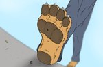 4_toes anthro blurred_background bottomwear brown_body brown_fur brown_pawpads claws clothing extreme_size_difference feet foot_fetish foot_focus fur larger_anthro micro oblivious outside pants pawpads paws plantigrade raised_foot running simple_background size_difference smaller_anthro stick_figure stomping stuck_to_foot toe_claws toes walking smellslikejavier 2023 colored digital_drawing_(artwork) digital_media_(artwork) hi_res