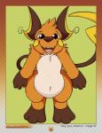 ambiguous_gender brown_eyes canvaskat digitigrade feral generation_1_pokemon green_background hi_res looking_at_viewer mammal nintendo open_mouth pokemon pokemon_(species) raichu rodent simple_background slightly_chubby smile solo standing tongue wide_hips