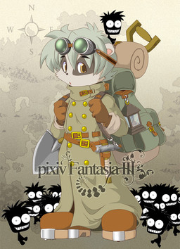 ambiguous_gender anthro backpack clothed clothed_anthro clothing eyewear eyewear_on_head footwear fully_clothed fully_clothed_anthro goggles goggles_on_head group hair kemono shoes solo tanukibunzaemon pixiv_fantasia_3 2009