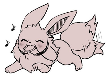 ambiguous_gender blush blush_lines collar eyes_closed feral fluffy fluffy_tail fur holding_object holding_object_in_mouth leash leashed_collar musical_note musical_symbol neck_tuft solo standing symbol tail tail_motion tailwag tuft yakiniku628 nintendo pokemon eevee generation_1_pokemon pokemon_(species) monochrome